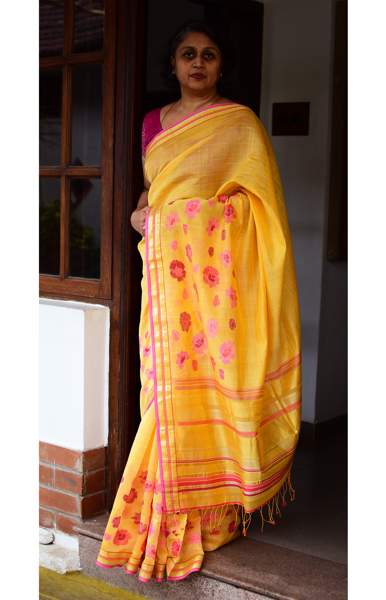 Mustard Yellow, Handwoven Organic Cotton, Textured Weave , Jacquard Handpicked, Festive Wear, Jari Saree